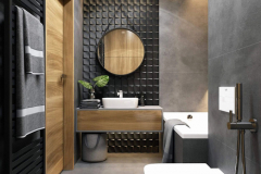 black-tiled-wall-round-mirror-grey-tiled-walls-floor-wooden-cabinets-bathroom-ideas-for-small-bathrooms